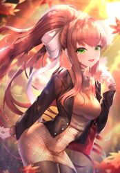 Rule 34 | 1girl, absurdres, autumn, autumn leaves, bag, black jacket, black pantyhose, blurry, blurry background, breasts, brown hair, cowboy shot, depth of field, doki doki literature club, green eyes, hair ribbon, handbag, high-waist skirt, high ponytail, highres, jacket, large breasts, leaning forward, leather, leather jacket, light particles, light rays, long hair, looking at viewer, monika (doki doki literature club), open clothes, open jacket, open mouth, outdoors, pantyhose, plaid, plaid skirt, ponytail, ribbon, skirt, smile, solo, sweater, tsukimaru, very long hair, white ribbon