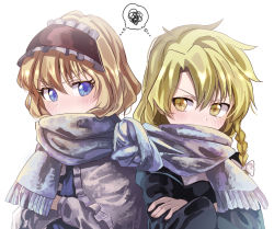 Rule 34 | 2girls, alice margatroid, blonde hair, blue dress, blue eyes, blush, braid, capelet, commentary request, crossed arms, dress, furrowed brow, hairband, hat, unworn hat, unworn headwear, highres, kirisame marisa, long hair, looking at another, menta, multiple girls, scarf, short hair, simple background, single braid, thought bubble, touhou, white background, yellow eyes, yuri