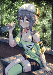 Rule 34 | 1girl, arm support, bare shoulders, bench, beret, black shorts, blue eyes, blush, bottle, breasts, cleavage, commentary request, day, fu hua, fu hua (night squire), fu hua (spring traveler), green shirt, green thighhighs, grey hair, hair between eyes, hat, highres, holding, holding bottle, honkai (series), honkai impact 3rd, long hair, looking at viewer, off-shoulder shirt, off shoulder, on bench, outdoors, parted lips, qunqing, shirt, short shorts, short sleeves, shorts, single thighhigh, sitting, small breasts, solo, sweat, thighhighs, transparent, water, water bottle, white hat