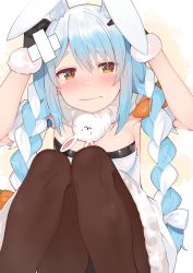 Rule 34 | 1girl, absurdres, animal ear fluff, animal ears, arm cuffs, bandaged head, bandages, black gloves, black leotard, black pantyhose, blue hair, blush, braid, breasts, carrot hair ornament, closed mouth, commentary, don-chan (usada pekora), dress, food-themed hair ornament, fur-trimmed dress, fur-trimmed gloves, fur scarf, fur trim, gloves, hair ornament, hands on own head, highres, hololive, leotard, light blue hair, long hair, looking at viewer, medium breasts, off-shoulder dress, off shoulder, orange eyes, pantyhose, playboy bunny, rabbit ears, simple background, sitting, solo, symbol-shaped pupils, symbol in eye, thick eyebrows, tonarikeru, twin braids, twintails, usada pekora, usada pekora (1st costume), virtual youtuber, white background, white dress, white hair, yellow background