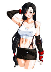 Rule 34 | 1girl, black hair, black skirt, breasts, brown eyes, closed mouth, covered erect nipples, earrings, elbow gloves, final fantasy, final fantasy vii, fingerless gloves, gloves, jewelry, long hair, looking at viewer, low-tied long hair, midriff, miniskirt, navel, qkat (arikawa-dou), simple background, skirt, smile, solo, square enix, suspender skirt, suspenders, tank top, tifa lockhart, white background