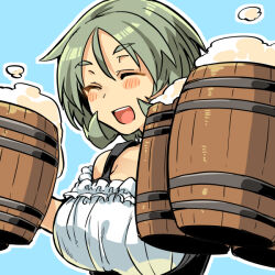 1girl :d beer_mug blue_background blush breasts closed_eyes cup happy large_breasts laughing mug open_mouth original short_hair simple_background smile solo tsukinami_kousuke upper_body