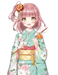 Rule 34 | 1girl, :d, absurdres, arrow (projectile), bell, blush, braid, brown eyes, brown hair, ema, floral print, green kimono, hamaya, hamiya yuru, highres, holding, holding arrow, japanese clothes, jingle bell, kimono, long hair, long sleeves, looking at viewer, obi, official art, one side up, open mouth, philharmonic princesses, print kimono, sash, simple background, smile, solo, tatejima uri, thick eyebrows, virtual youtuber, white background, wide sleeves