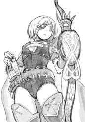 Rule 34 | 10s, 1girl, arrow (projectile), belt, bow (weapon), breasts, cape, cleavage, cowboy shot, djeeta (granblue fantasy), eyepatch, from below, granblue fantasy, greyscale, holding, holding weapon, leotard, looking away, looking to the side, monochrome, niku-name, open mouth, short hair, sidewinder (granblue fantasy), simple background, solo, thighhighs, weapon, white background, zettai ryouiki