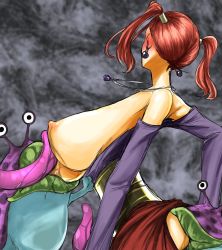 Rule 34 | 1girl, breast sucking, breasts, dragon quest, dragon quest viii, earrings, highres, jessica albert, jewelry, monster, necklace, nipples, red hair, twintails