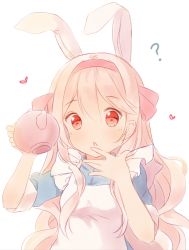 Rule 34 | 1girl, :o, ?, animal ears, apron, blonde hair, blue dress, commentary, covering own mouth, dress, english commentary, hair between eyes, hand over own mouth, hands up, headband, hitsukuya, holding, kagerou project, kozakura marry, long hair, looking at viewer, rabbit ears, red eyes, short sleeves, simple background, sketch, solo, teapot, upper body, white apron, white background