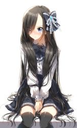 Rule 34 | 1girl, black hair, blue bow, blue eyes, blue skirt, blush, bow, bowtie, buttons, closed mouth, commentary, fang, fang out, forehead, frilled bow, frills, hair bow, hair over one eye, highres, long hair, looking away, miniskirt, original, pentagon (railgun ky1206), shirt, simple background, sitting, skin fang, skirt, solo, swept bangs, thighhighs, thighs, very long hair, white background, white shirt, zettai ryouiki