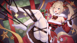 Rule 34 | 1girl, ;o, ass, barbara (genshin impact), bare shoulders, blush, bow, bowtie, box, breasts, christmas, drill hair, feet, genshin impact, gift, gift box, hair bow, hat, highres, legs, long sleeves, one eye closed, open mouth, pantyhose, restrained, santa costume, santa hat, sharp teeth, sigma 2018, sweatdrop, teeth, torn clothes, twin drills, twintails, white pantyhose