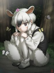 Rule 34 | 1girl, :/, animal, animal ears, artist logo, between legs, black hair, blush stickers, bow, bowtie, brown eyes, bug, butterfly, closed mouth, dated, dress, extra ears, eyelashes, flower, flower on head, footwear bow, full body, fur collar, fur trim, hands on own knees, hands up, highres, insect, ito yoki, kemono friends, kemono friends 3, knees up, long sleeves, looking at viewer, medium hair, multicolored hair, on ground, outdoors, pale skin, pantyhose, parted bangs, shoes, sitting, southern tamandua (kemono friends), tail, tail between legs, tamandua ears, tamandua tail, two-tone hair, v-shaped eyebrows, white hair, white pantyhose