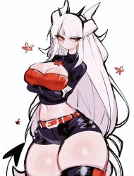 Rule 34 | 1girl, belt, belt buckle, blush, breasts, buckle, cleavage, closed mouth, crossed arms, demon girl, demon horns, demon tail, helltaker, horns, large breasts, long hair, long sleeves, lucifer (helltaker), red eyes, short shorts, shorts, solo, sweater, tail, thick thighs, thighhighs, thighs, usa37107692, very long hair, white background, white hair