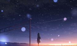 Rule 34 | 1girl, bag, black coat, black hair, blurry, bokeh, cloud, coat, commentary request, contrail, crescent moon, depth of field, evening, facing away, from behind, gradient sky, highres, long coat, long hair, moon, nengoro, original, outdoors, scenery, shoulder bag, sky, snow, solo, standing, star (sky), starry sky, sunset, wide shot, winter, wire