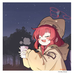 Rule 34 | 1girl, absurdres, blue archive, blush, closed eyes, cup, domado, hair between eyes, halo, hat, highres, holding, holding cup, hood, hood down, hooded jacket, jacket, long sleeves, looking at viewer, maki (blue archive), maki (camp) (blue archive), night, official alternate costume, official alternate hairstyle, open mouth, outdoors, puffy long sleeves, puffy sleeves, red hair, red halo, smile, solo, yellow hat, yellow jacket