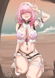 Rule 34 | 1girl, absurdres, alternate costume, armpits, bare shoulders, beach, bikini, black choker, blue eyes, blush, bow, bowtie, breasts, bridal garter, choker, cleavage, elf, elysia (honkai impact), elysia (miss pink elf) (honkai impact), elysia (summer miss elf) (honkai impact), hair between eyes, hands up, highres, honkai (series), honkai impact 3rd, large breasts, legs, looking at viewer, midriff, navel, pink hair, pink pupils, pink top, pointy ears, saki (remainaddd), salute, smile, swimsuit, teeth, two-finger salute, upper teeth only, white bow, white bowtie, white footwear
