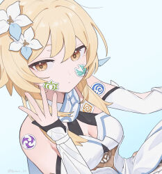 Rule 34 | 1girl, anemo symbol (genshin impact), black gloves, blonde hair, breasts, cleavage, closed mouth, dendro symbol (genshin impact), detached sleeves, dress, electro symbol (genshin impact), flower, genshin impact, geo symbol (genshin impact), gloves, hair between eyes, hair flower, hair ornament, highres, hydro symbol (genshin impact), blue background, looking at viewer, lumine (genshin impact), medium breasts, orange eyes, partially fingerless gloves, q (oshikuraq), short hair with long locks, simple background, sleeveless, sleeveless dress, solo, sticker, sticker on face, twitter username, white dress, white flower