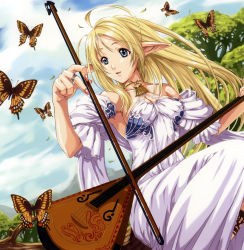 Rule 34 | 1girl, absurdres, antenna hair, bare shoulders, blonde hair, blue eyes, breasts, bug, butterfly, character request, dress, eiwa, elf, fingernails, forest, highres, bug, instrument, jewelry, long hair, mountain, nail polish, nature, pink nails, pointy ears, ring, smile, solo, white dress
