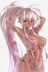 Rule 34 | 1girl, absurdres, adjusting hair, armpits, breasts, cleavage, collarbone, commentary request, dark-skinned female, dark skin, deluxe&lt;&lt;&lt;, full-body tattoo, groin, hair over breasts, highres, large breasts, long hair, looking at viewer, markings, navel, nipples, nude, original, pointy ears, simple background, sitting, smile, solo, tattoo, white background, white hair, yellow eyes