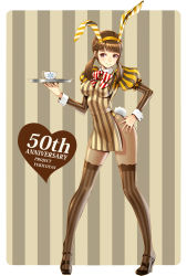 Rule 34 | 1girl, animal ears, black pantyhose, blush, bow, brown hair, bunny girl, cup, fake animal ears, high heels, highres, hirobee, layered legwear, long sleeves, original, pantyhose, patterned legwear, pink eyes, puffy sleeves, rabbit ears, rabbit tail, shoes, smile, solo, striped background, striped clothes, striped pantyhose, striped thighhighs, tail, thighhighs, thighhighs over pantyhose, tray, twintails, vertical-striped clothes, vertical-striped thighhighs, waitress, wrist cuffs, yukico-tan, yukijirushi
