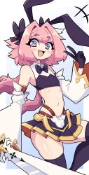 Rule 34 | 1boy, absurdres, animal ears, astolfo (fate), black bow, black bowtie, black skirt, black thighhighs, blush stickers, bow, bowtie, crop top, daigada, fake animal ears, fang, fate/grand order, fate (series), hair bow, heart, heart-shaped pupils, highres, long hair, multicolored hair, navel, open mouth, pink eyes, pink hair, pleated skirt, rabbit ears, skin fang, skirt, smile, symbol-shaped pupils, thighhighs, trap, white hair