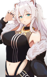 Rule 34 | 1girl, absurdres, ahoge, animal ears, black jacket, black shirt, blue eyes, breasts, claw pose, cleavage, cowboy shot, ear piercing, fur-trimmed jacket, fur trim, hair between eyes, highres, hololive, jacket, jewelry, large breasts, lion ears, lion girl, long hair, looking at viewer, messy hair, muginomaru, necklace, oversized clothes, piercing, see-through, see-through cleavage, shirt, shishiro botan, shishiro botan (1st costume), sidelocks, silver hair, skin tight, sleeveless, sleeveless shirt, solo, two side up, virtual youtuber