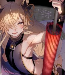 Rule 34 | 1boy, animal ears, anklet, armpits, backless outfit, barefoot, black flower, blonde hair, blush, collar, erune, flower, fox boy, fox ears, fox tail, gloves, granblue fantasy, hair flower, hair ornament, hair over one eye, holding, ikezaki misa, jewelry, kou (granblue fantasy), large tail, long hair, looking at viewer, male focus, off shoulder, open mouth, side-tie legwear, sideless outfit, solo, tail, trap, umbrella