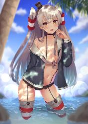 Rule 34 | 1girl, absurdres, amatsukaze (kancolle), beach, black panties, blue sky, blush, breasts, brown dress, brown eyes, cloud, day, dress, fang, garter straps, hair tubes, hairband, highres, kantai collection, long hair, looking at viewer, ocean, open clothes, open mouth, outdoors, palm tree, panties, sailor dress, shiina aoi, short dress, sitting, skin fang, sky, small breasts, smile, solo, striped clothes, striped thighhighs, thighhighs, tree, two side up, underwear