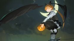 Rule 34 | 1girl, alisa southerncross, blonde hair, crescent moon, dark, hair bobbles, hair ornament, head wings, highres, jack-o&#039;-lantern, kare huang, keroro gunsou, long hair, moon, night, power lines, solo, squatting, twintails, utility pole, wings