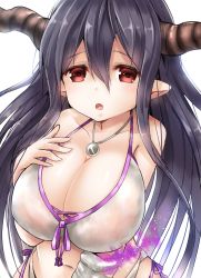 Rule 34 | 10s, 1girl, bikini, black hair, breasts, danua, draph, female focus, granblue fantasy, highres, horn ornament, horns, jewelry, large breasts, long hair, open mouth, pointy ears, red eyes, simple background, solo, swimsuit, u rin