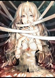 Rule 34 | 1girl, ayatoki-1, bad id, bad pixiv id, bandages, breasts, cleavage, covering own mouth, detached sleeves, dress, grey eyes, jewelry, long hair, open mouth, original, pendant, platinum blonde hair, shirt, skirt, solo, striped clothes, striped dress