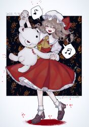 Rule 34 | 1girl, ascot, blonde hair, brown footwear, closed eyes, collared shirt, dated, eighth note, fingernails, flandre day, flandre scarlet, full body, hat, highres, holding, holding stuffed toy, katai (nekoneko0720), long fingernails, long hair, mob cap, musical note, one side up, open mouth, red skirt, red vest, sharp fingernails, sharp teeth, shirt, shoes, short sleeves, skirt, smile, socks, solo, spoken musical note, stuffed animal, stuffed toy, teddy bear, teeth, touhou, vest, white hat, white shirt, white socks, yellow ascot
