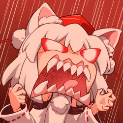 Rule 34 | 1girl, angry, animal ear fluff, animal ears, claw pose, commentary, detached sleeves, english commentary, hat, inubashiri momiji, medium bangs, open mouth, pom pom (clothes), rakkidei, red background, red eyes, ribbon-trimmed sleeves, ribbon trim, sharp teeth, shirt, short hair, shouting, sleeveless, sleeveless shirt, solo, teeth, tokin hat, tongue, touhou, upper body, white hair, white shirt, white sleeves, wolf ears, wolf girl