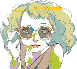 Rule 34 | 1970s (style), 1girl, blonde hair, blue eyes, character request, glasses, limited palette, looking at viewer, nasou, ninton, oldschool, original, retro artstyle, short hair, simple background, sketch, solo, sunglasses, upper body, white background