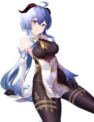 Rule 34 | ahoge, arm support, bare shoulders, beijiushui, bell, black gloves, black legwear, blue hair, blush, bodystocking, breasts, chinese knot, curled horns, detached sleeves, flower knot, ganyu (genshin impact), genshin impact, gloves, gold trim, hand on own thigh, highres, horns, long hair, looking at viewer, low ponytail, medium breasts, neck bell, purple eyes, sidelocks, sitting, smile, solo, thighlet, white background, white sleeves