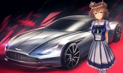 Rule 34 | 1girl, animal ears, arms behind back, aston machan (umamusume), aston martin, breasts, brown hair, car, closed mouth, commentary, crown, green eyes, highres, horse ears, looking at viewer, medium breasts, motor vehicle, name connection, object namesake, petticoat, pleated skirt, ponpochi, ponytail, purple shirt, sailor collar, school uniform, shirt, short hair, skirt, smile, solo, standing, tracen school uniform, umamusume, vehicle focus, white shirt