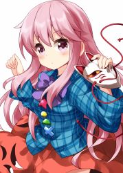 Rule 34 | 1girl, bow, bowtie, bubble skirt, circle, clenched hand, closed mouth, collared shirt, cross, green shirt, hair between eyes, hata no kokoro, highres, holding, holding mask, long hair, long sleeves, looking at viewer, mask, noh mask, orange skirt, pink eyes, pink hair, plaid, plaid shirt, purple bow, purple bowtie, ruu (tksymkw), shirt, simple background, skirt, solo, standing, touhou, triangle, white background