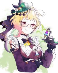 Rule 34 | 1girl, bare shoulders, black bow, black bowtie, blonde hair, bow, bowtie, breasts, commentary request, detached sleeves, emilie (genshin impact), genshin impact, glasses, gradient hair, green hat, hand up, hat, highres, holding, long sleeves, looking at viewer, multicolored hair, pink eyes, pink hair, pochimaru (marumaru wanwan), short hair, small breasts, smile, solo, upper body