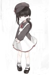 Rule 34 | 1girl, absurdres, black eyes, black footwear, black hair, black headwear, black shirt, child, dress, full body, highres, ic (iccccccccc81), long sleeves, looking at viewer, mary janes, original, parted lips, pinafore dress, puffy long sleeves, puffy sleeves, shirt, shoes, sleeveless, sleeveless dress, socks, solo, white background, white dress, white socks