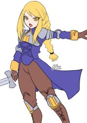 Rule 34 | 1girl, absurdres, agrias oaks, armor, blonde hair, braid, brown gloves, brown pants, dated, elbow pads, feet out of frame, final fantasy, final fantasy tactics, gloves, highres, holding, holding sword, holding weapon, knee pads, myu (nature256), open mouth, pants, shoulder armor, signature, solo, sword, twitter username, upper body, weapon, white background, yellow eyes