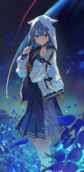 Rule 34 | 1girl, absurdres, blue eyes, blue flower, blue hair, blue sailor collar, blue shirt, blue skirt, blue theme, blush, bow, bowtie, feet out of frame, flower, hair between eyes, highres, hololive, hood, hood up, hooded jacket, hoshimachi suisei, hoshimachi suisei (school uniform), jacket, long hair, long sleeves, looking at viewer, modare, night, night sky, open clothes, open jacket, parted lips, petals, pleated skirt, sailor collar, school uniform, serafuku, shirt, skirt, sky, solo, standing, star (sky), star (symbol), star in eye, starry sky, symbol in eye, virtual youtuber, white jacket, yellow bow, yellow bowtie
