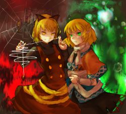 2girls arm_warmers bad_id bad_pixiv_id blonde_hair bow bug chianti female_focus green_eyes hair_bow kurodani_yamame mizuhashi_parsee multiple_girls pointy_ears scarf short_hair spider touhou