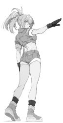 10mo 1girl back boots combat_boots full_body gloves greyscale highres leona_heidern midriff military military_uniform monochrome ponytail short_sleeves shorts simple_background solo suspender_shorts suspenders the_king_of_fighters the_king_of_fighters_xv white_background