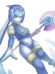 Rule 34 | 1girl, android, blue eyes, boots, breasts, closed mouth, gloves, helmet, highres, holding, holding polearm, holding weapon, fairy leviathan (mega man), looking at viewer, medium breasts, mega man (series), mega man zero (series), polearm, robot, robot girl, simple background, smile, solo, spear, splashing, thigh boots, thighhighs, user jxsu7384, water, weapon, white background, white gloves