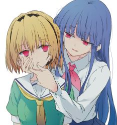 Rule 34 | 2girls, age difference, black hairband, blonde hair, blue hair, blunt bangs, bow, chin, collared shirt, commentary request, dress, furude rika, grabbing another&#039;s chin, green dress, hair between eyes, hairband, hand on another&#039;s cheek, hand on another&#039;s chin, hand on another&#039;s face, highres, higurashi no naku koro ni, hime cut, houjou satoko, long hair, long sleeves, maromi (am97), multiple girls, neckerchief, open mouth, pink bow, red eyes, sailor collar, school uniform, shirt, short hair, sidelocks, simple background, st. lucia academy school uniform, white background, white sailor collar, white shirt, yellow neckerchief, yuri