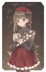 Rule 34 | 1girl, bad id, bad pixiv id, bare tree, bell, beret, black bow, blunt bangs, blush, bow, braid, brown hair, brown pantyhose, brown sweater, christmas lights, closed mouth, commentary, english commentary, frilled skirt, frills, hair bow, hat, head tilt, highres, holding, long hair, long sleeves, merry christmas, moffle (ayabi), original, pantyhose, pleated skirt, red bow, red eyes, red hat, red skirt, ribbed sweater, side braid, skirt, smile, snow globe, solo, star (symbol), striped, striped bow, sweater, tree, very long hair