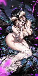 Rule 34 | 1girl, ahoge, albedo (overlord), bare shoulders, black feathers, black hair, black wings, breasts, demon horns, dress, feathered wings, feathers, gloves, hair between eyes, highres, hip vent, horns, large breasts, liang xing, long hair, looking at viewer, low wings, overlord (maruyama), slit pupils, solo, white dress, white gloves, white horns, wings, yellow eyes