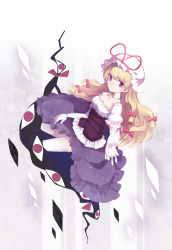 Rule 34 | 1girl, adapted costume, alternate breast size, alternate costume, blonde hair, blouse, bow, breasts, choker, corset, cuivre, elbow gloves, floating, frilled skirt, frilled sleeves, frills, gloves, hair bow, hat, hat ribbon, highres, light particles, long hair, looking at viewer, mob cap, open hand, puffy short sleeves, puffy sleeves, purple skirt, red eyes, ribbon, ribbon choker, shirt, short sleeves, skirt, small breasts, smile, solo, thighhighs, touhou, very long hair, white gloves, white shirt, white thighhighs, yakumo yukari
