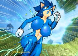 Rule 34 | 1girl, animal ears, animal nose, arm at side, arm up, artist name, blue hair, blue lips, blue skin, blurry, blurry background, bouncing breasts, breasts, bright pupils, closed mouth, colored skin, dutch angle, electricity, emphasis lines, female focus, furry, furry female, genderswap, genderswap (mtf), gloves, green eyes, happy, highres, large breasts, leg up, medium hair, motion lines, multicolored skin, navel, nude, outdoors, patreon username, running, shiny skin, signature, smile, snegovski, solo, sonic (series), sonic the hedgehog, sparkle, spiked hair, stomach, sweat, toned, two-tone skin, v-shaped eyebrows, watermark, web address, white gloves, white pupils, wide-eyed, yellow skin