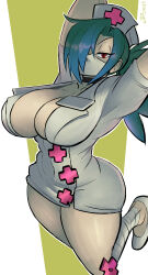 Rule 34 | 1girl, absurdres, arms up, blue hair, breasts, choker, covered navel, hair over one eye, half-closed eyes, hat, highres, large breasts, leg wrap, looking at viewer, mask, mouth mask, name tag, nurse cap, ponytail, red eyes, skullgirls, solo, surgical mask, thick thighs, thighs, valentine (skullgirls), videajames, wide hips