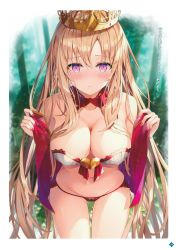 Rule 34 | 1girl, absurdres, bare shoulders, bikini, blonde hair, blurry, blurry background, blush, breasts, cleavage, collarbone, crown, detached collar, europa (fate), fate/grand order, fate (series), forest, groin, highres, huge filesize, large breasts, leaning forward, light rays, long hair, looking at viewer, nature, navel, parted lips, purple eyes, red bikini, rin yuu, scan, solo, swimsuit, thighs, very long hair, white bikini