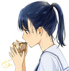 Rule 34 | 1girl, black eyes, blue hair, class, commentary request, cup, dated, drinking, drinking glass, from side, highres, holding, holding cup, original, ponytail, sailor collar, sako (35s 00), school uniform, serafuku, shirt, signature, simple background, solo, sweat, upper body, white background, white sailor collar, white shirt