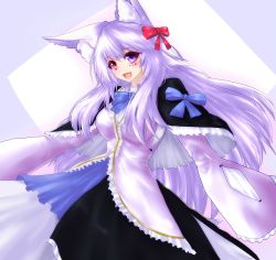 Rule 34 | 1girl, :d, absurdres, animal ears, black dress, blue bow, blush, bow, breasts, dress, fox ears, hair bow, heterochromia, highres, large breasts, long dress, long hair, long sleeves, looking at viewer, minarai tenna, open mouth, original, purple eyes, purple hair, red bow, red eyes, sleeves past fingers, sleeves past wrists, smile, solo, standing, upper body